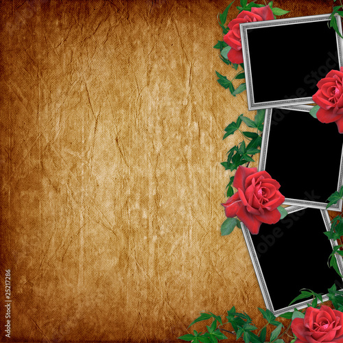 Vintage card for the holiday with red rose on the abstract backg