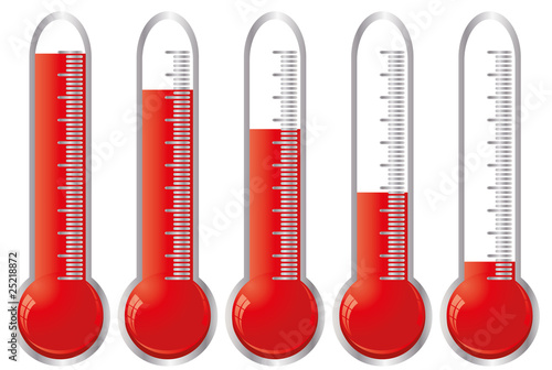 Set of thermometers with different levels of indicator fluid