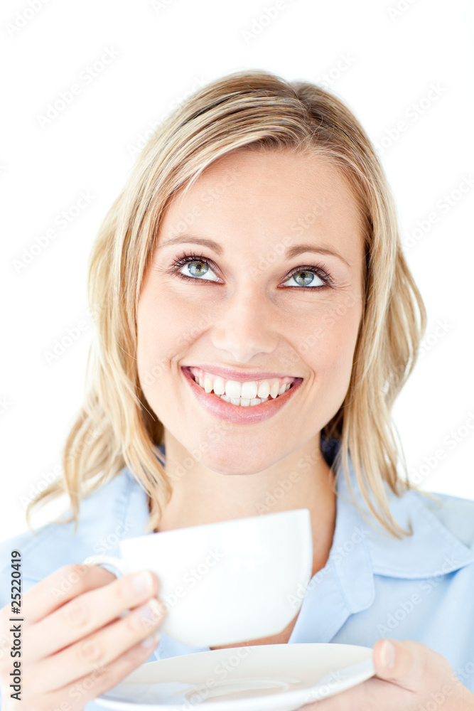 Cheerful businesswoman holding a cup of coffee Cheerful businesswoman holding a cup of coffee