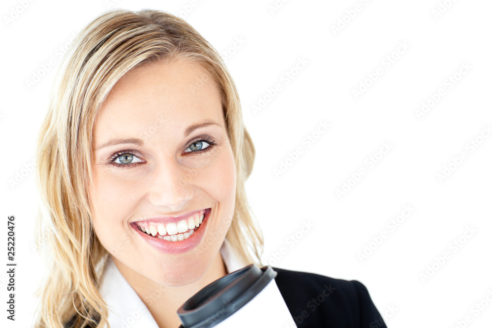 Cheerful businesswoman holding a cup of coffee Cheerful businesswoman holding a cup of coffee