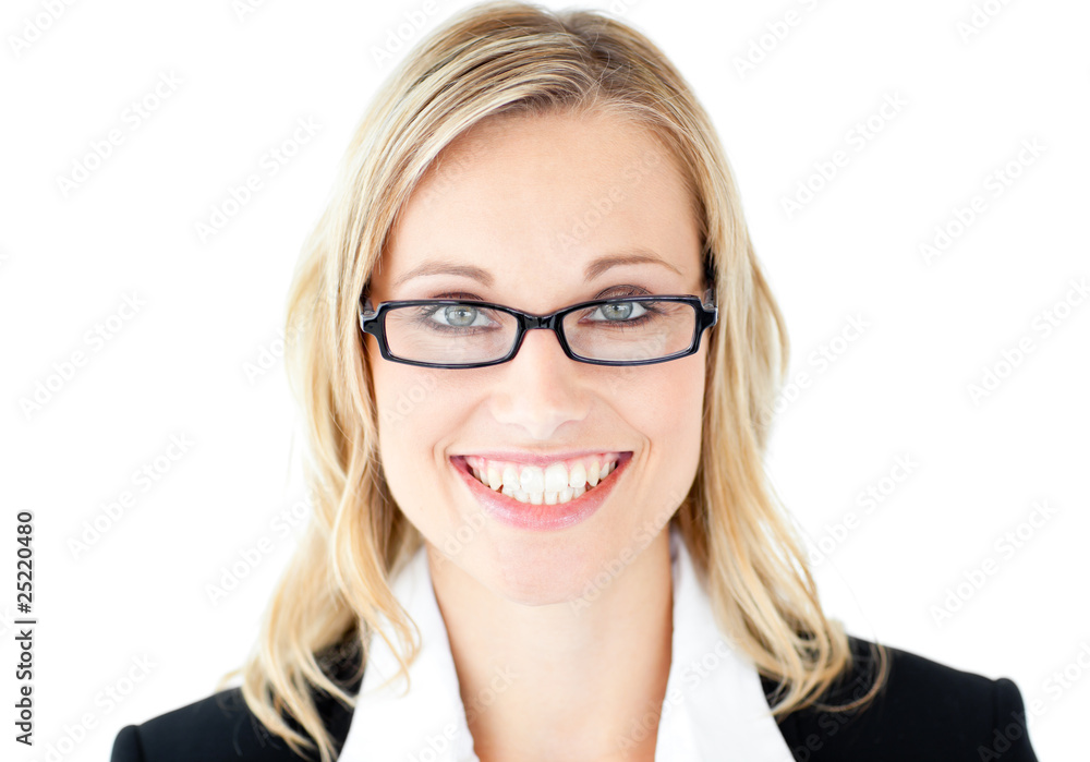 Pretty businesswoman holding glasses smiling at the camera