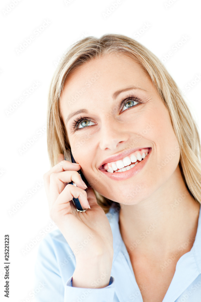 Radiant young businesswoman talking on phone Radiant young businesswoman talking on phone