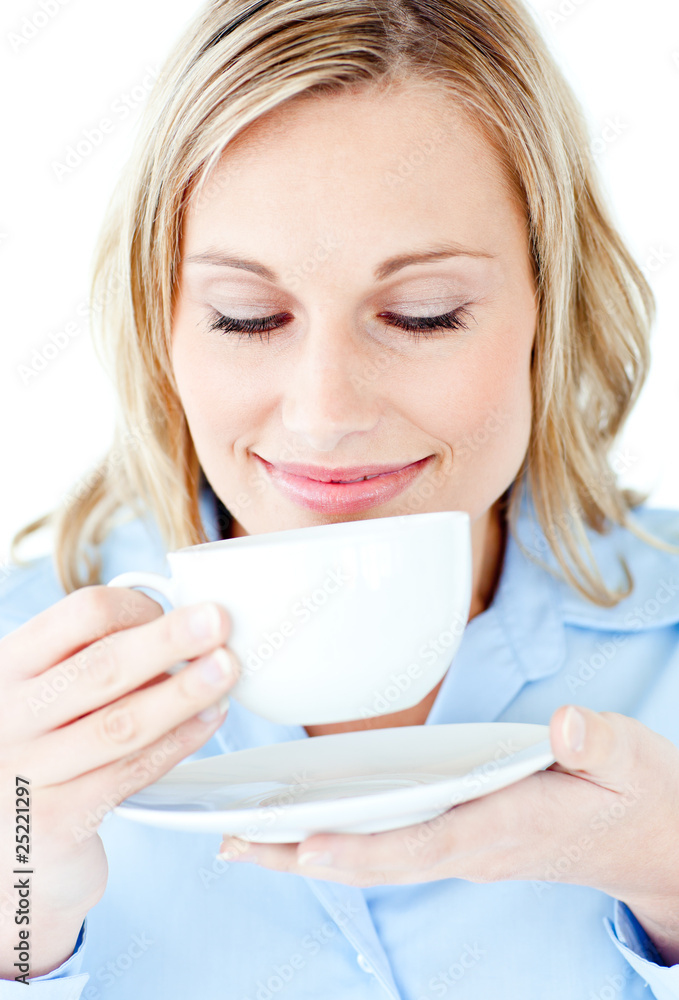 Happy businesswoman holding a drinking cup isolated Happy businesswoman holding a drinking cup isolated