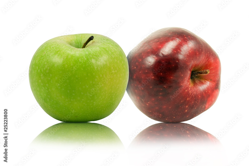 green and red apple on white background