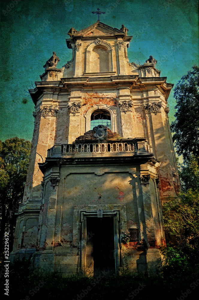 Abandoned church ruins in grunge style