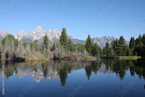 Grand Teton Mountain Range reflecting in lake
