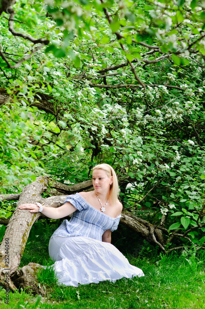 beautiful pregnancy woman sits under the blooming tree beautiful pregnancy woman sits under the blooming tree