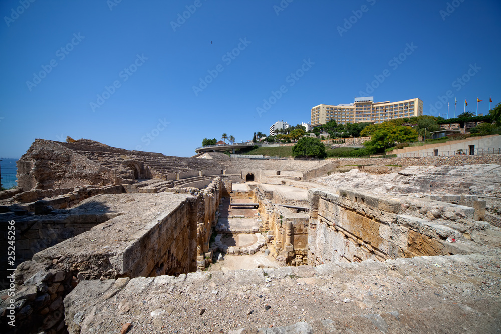 Ruins of ancient Roman amphitheater era in Tarragona, Spain