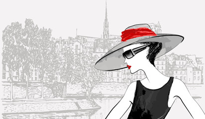 Fototapete Abbildung Paris Frau über Île de la Cité Paris  © Isaxar