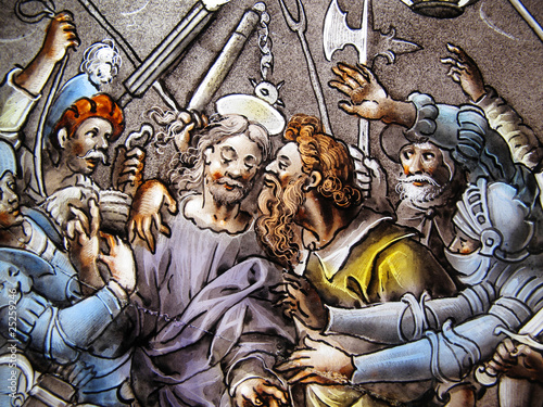 Obraz na plátne Betrayal of Christ by Judas medieval stained glass window