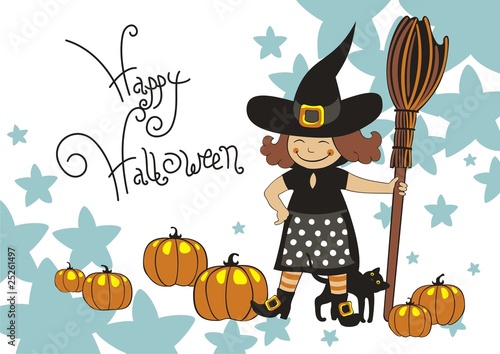 Halloween witch and pumpkin and cat