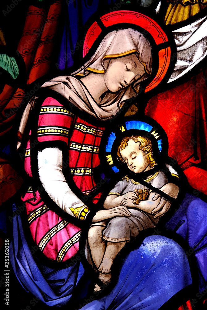 Stained Glass Window with Mary and Jesus Stock Photo | Adobe Stock