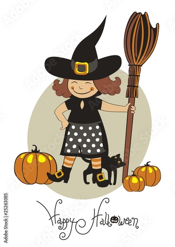 Halloween witch and pumpkin and cat