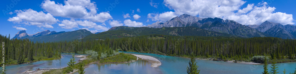 Panorama Shallow Crystal Blue Mountain River in Banff