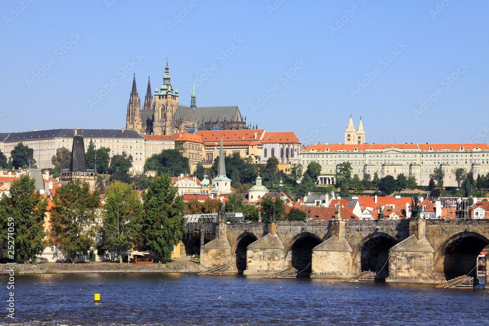 View on the summer Prague gothic Castle with the Charles Bridge