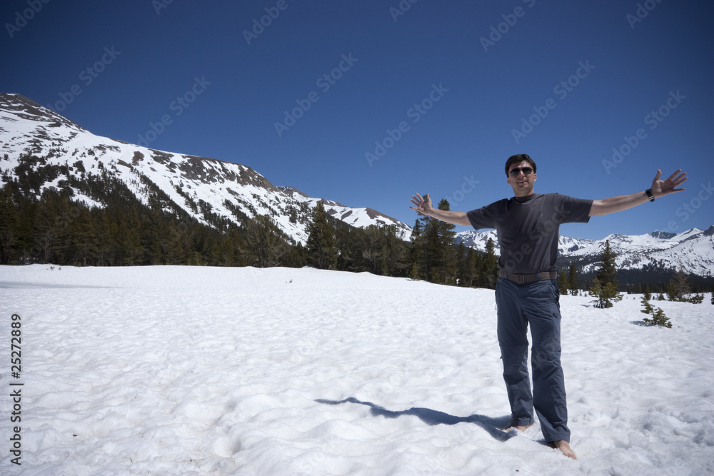 Hiker at Snowy Tioga Pass in Yosemite National Park