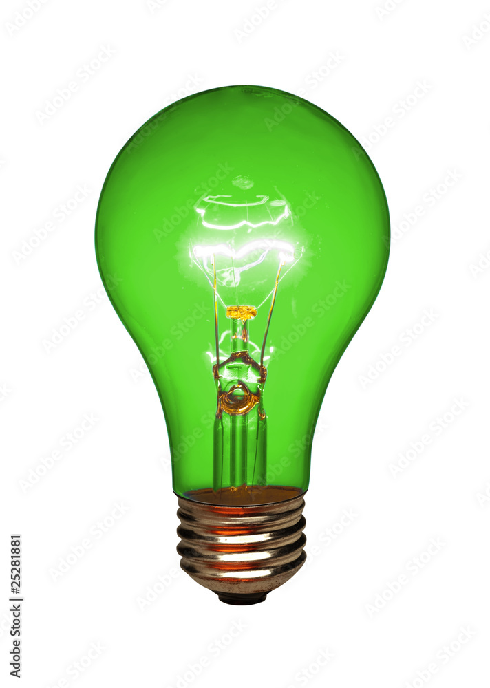 Green light bulb on white, isolated with clipping path Green light bulb on white, isolated with clipping path