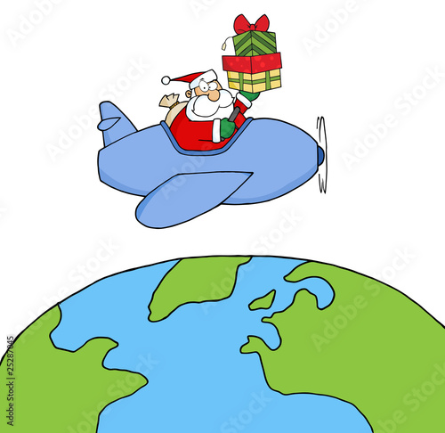 Santa Claus Holding Up A Stack Flying Around Earth