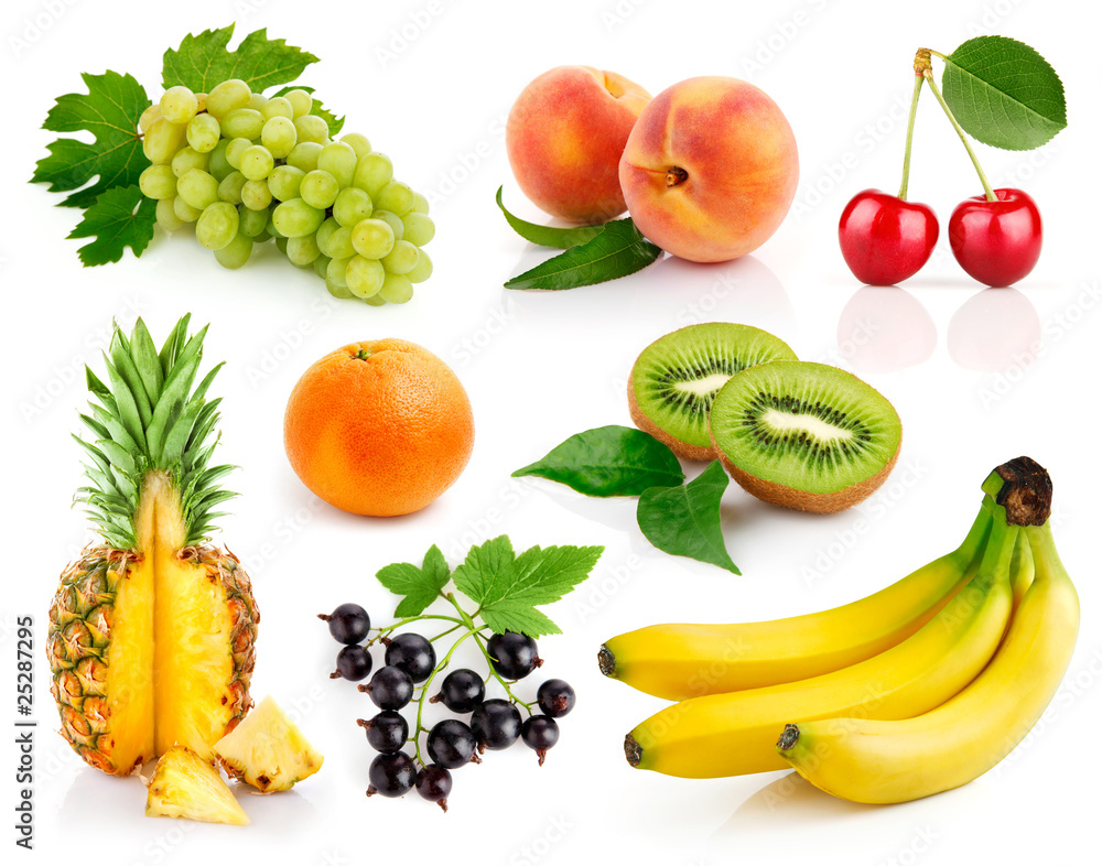 set fresh fruits with green leaves set fresh fruits with green leaves