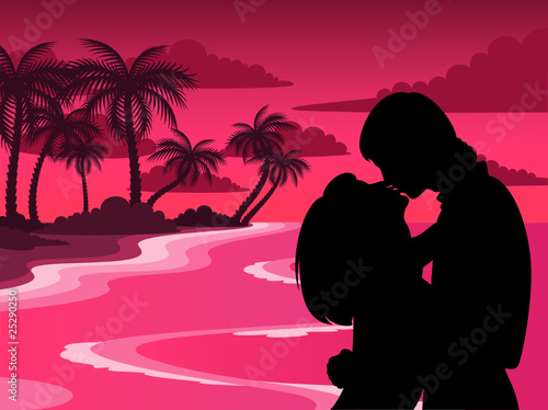 Vector silhouette of lovers on a background african beach