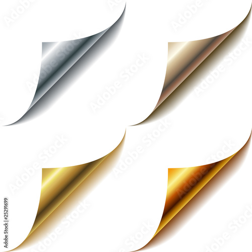 Curled metallic page corners set isolated on white.