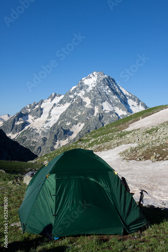 Green camping tent on sunny grassland.