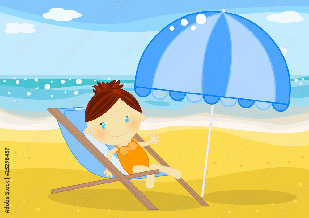 bambina prende il sole sulla sedia sdraio in spiaggia