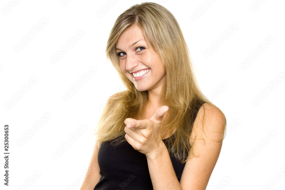 Young girl on a white background. Specify finger Young girl on a white background. Specify finger