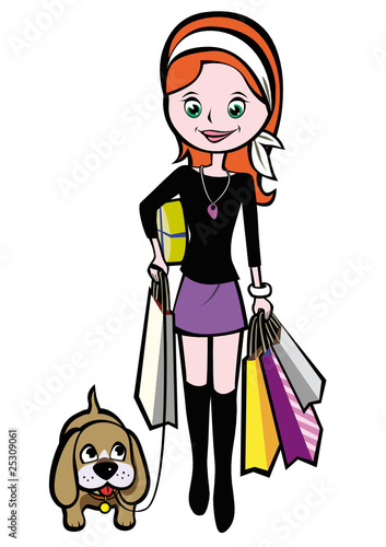 Ragazza rossa che fa shopping con il cane