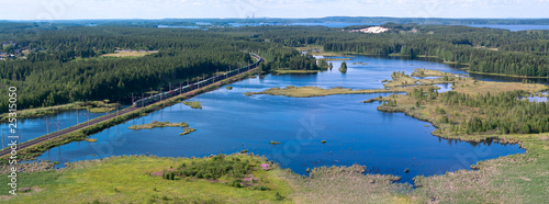 Panorama of lakes and woods of Karelia, Russia. Railway