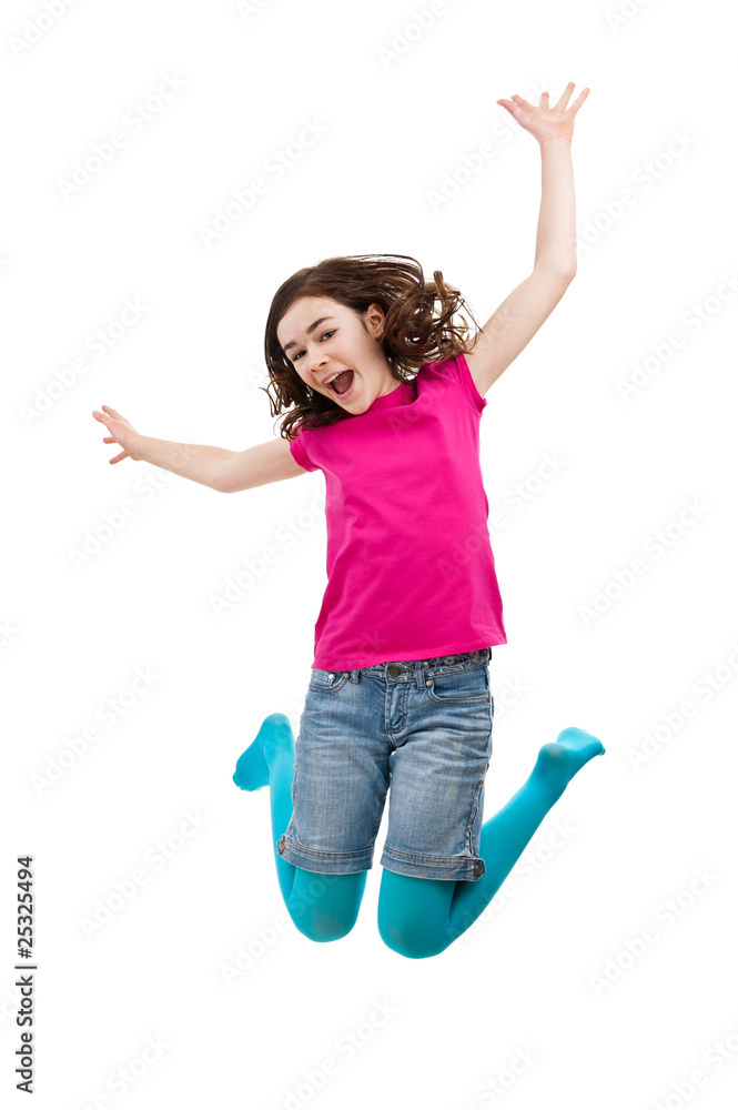 Girl jumping, running isolated on white background
