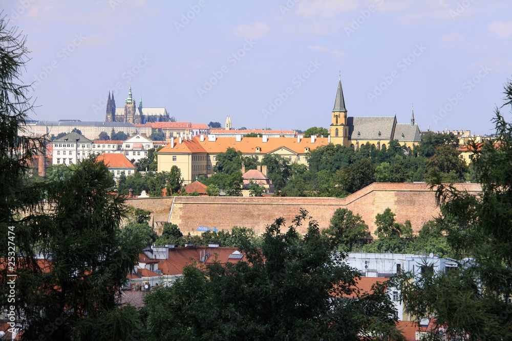 The summer View on Prague with Castle from fortress Vysehrad