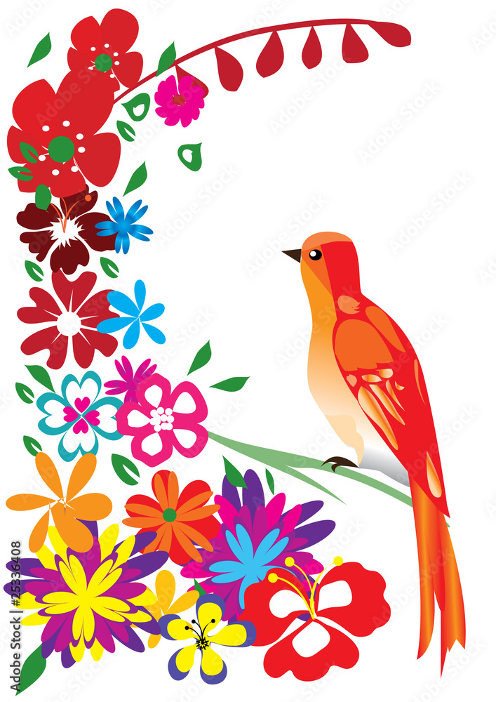 red bird and flowers