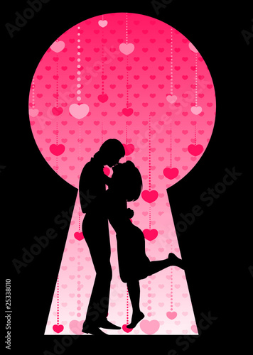 Vector silhouette of lovers on a background with heart