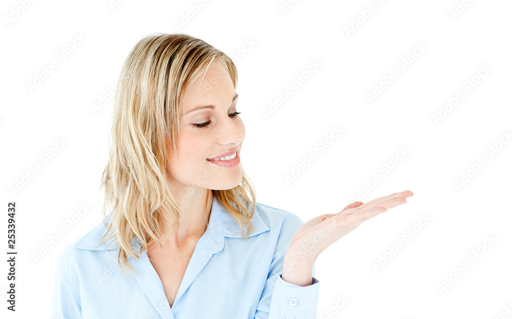 Charming businesswoman presenting isolated