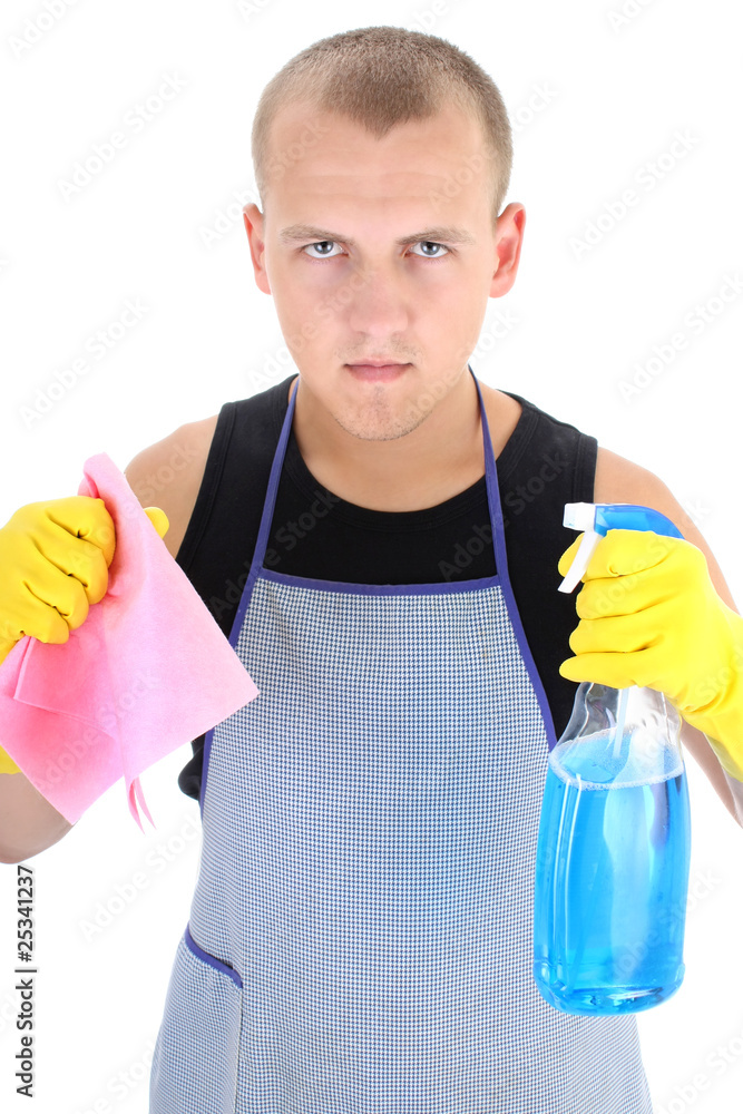 young man with spray and dusher young man with spray and dusher
