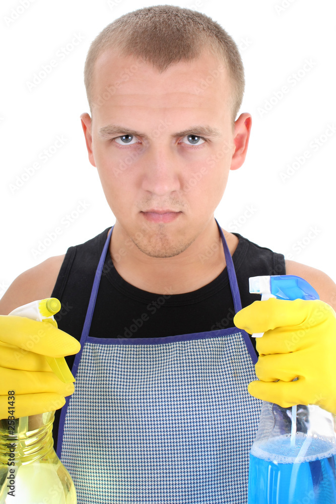 portrait of serious man with cleaning spray portrait of serious man with cleaning spray