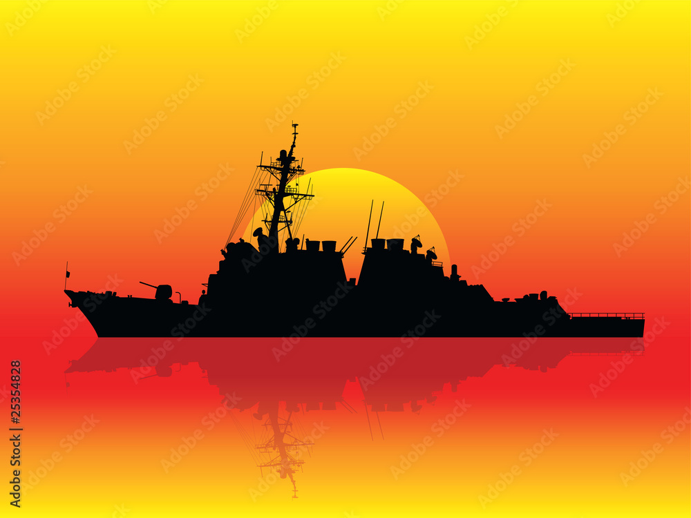 Warship at sunset