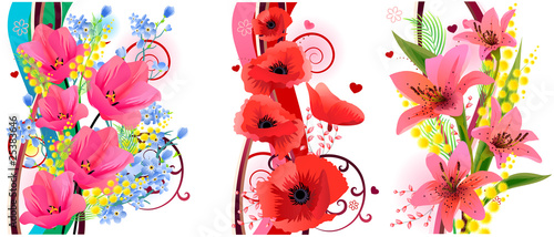 Fototapeta Naklejka Na Ścianę i Meble -  Three beautiful spring floral elements with tulips and lilies