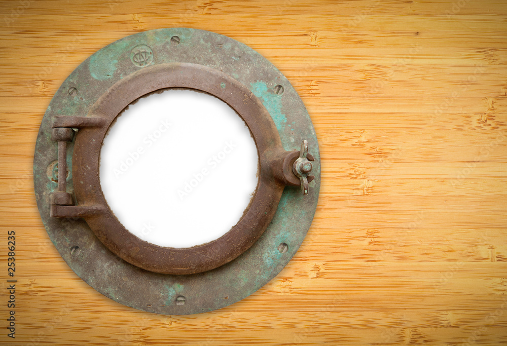 Antique Porthole on Bamboo with Blank Window and Clipping Path Antique Porthole on Bamboo with Blank Window and Clipping Path