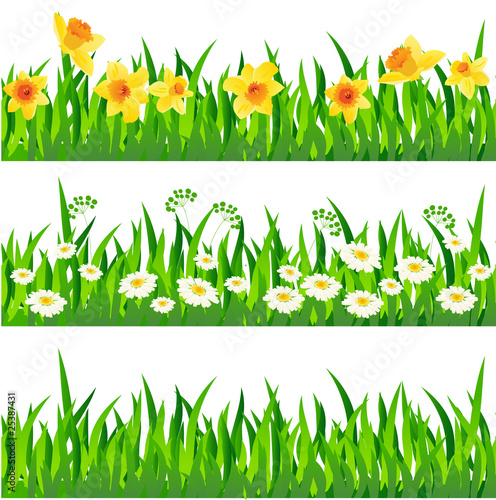 Three horizontal seamless patterns with grass and flowers