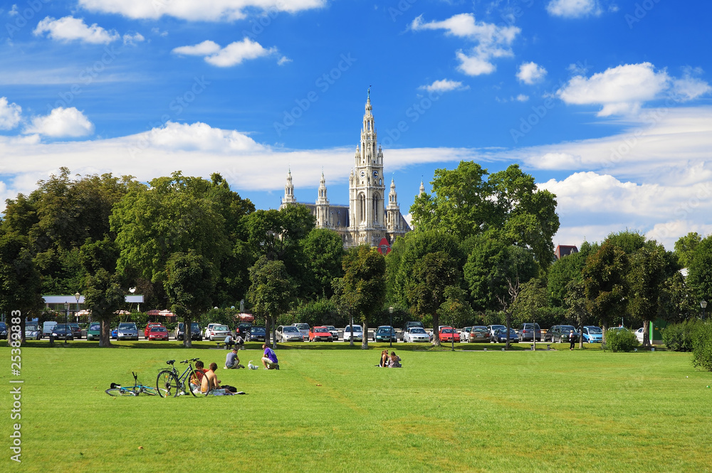 View of the Vienna City Hall from the Volksgarten park, Austria