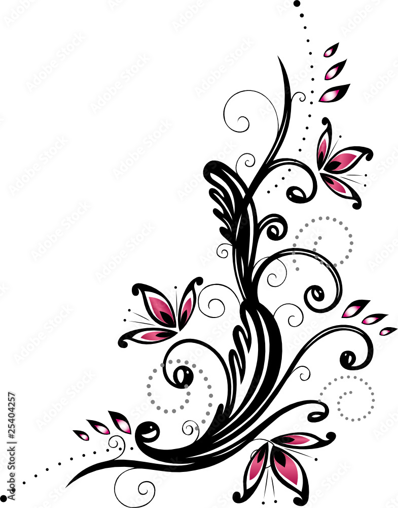 Ranke, floral, filigran, Blumen, Blätter, pink, schwarz Ranke, floral, filigran, Blumen, Blätter, pink, schwarz