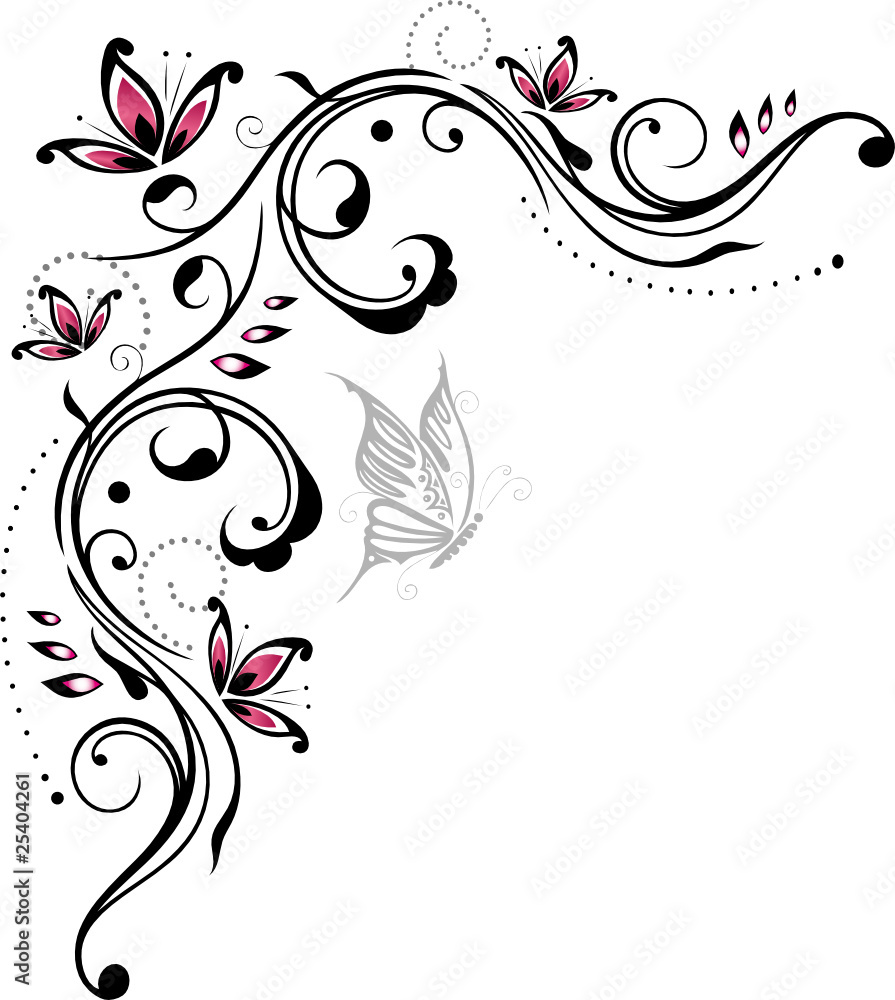 Ranke, floral, filigran, Blumen, Blätter, pink, schwarz Ranke, floral, filigran, Blumen, Blätter, pink, schwarz