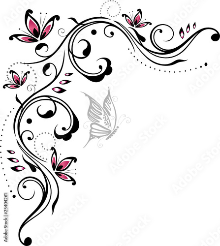 Ranke, floral, filigran, Blumen, Blätter, pink, schwarz