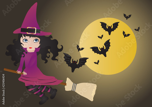 Vector illustration of flying witch with bats