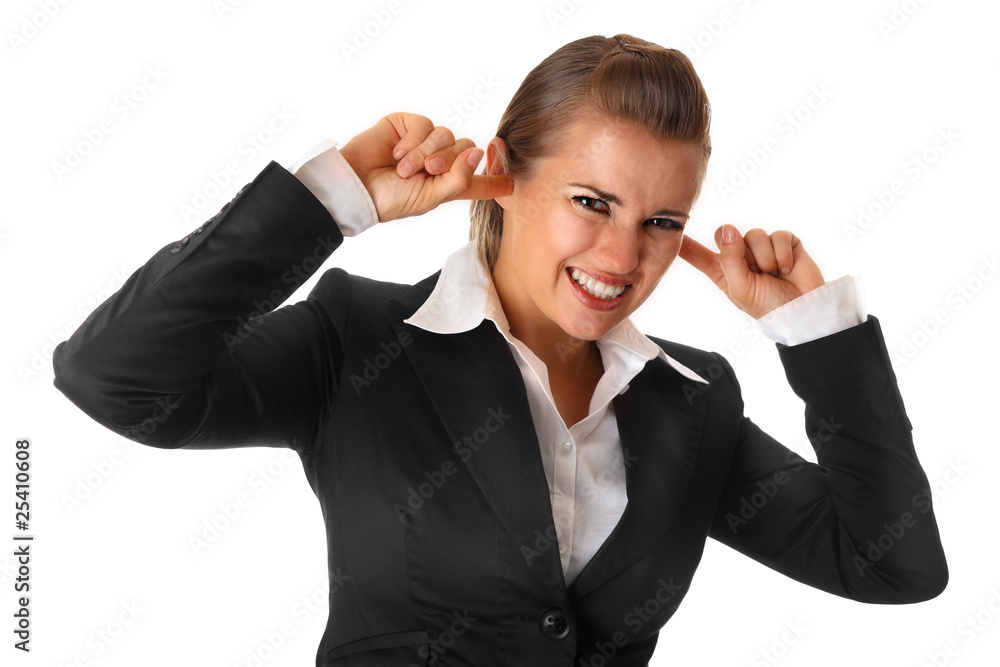 modern business woman closing ears with fingers isolated modern business woman closing ears with fingers isolated