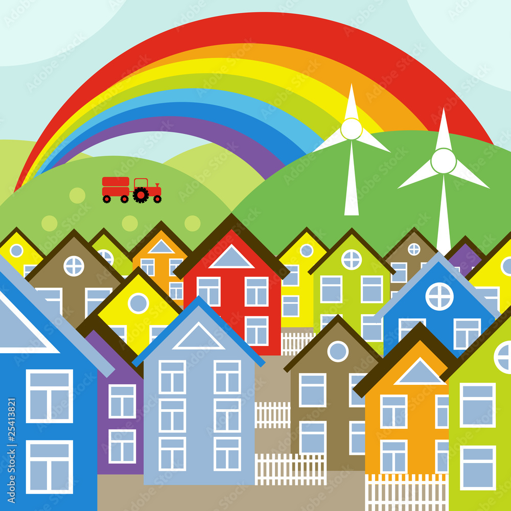 Houses vector background with rainbow and wind generators