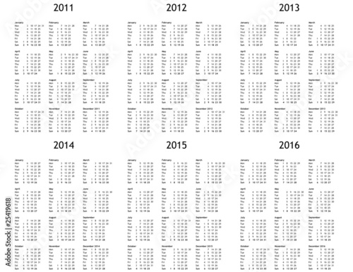 Multi year calendar from 2011 to 2016