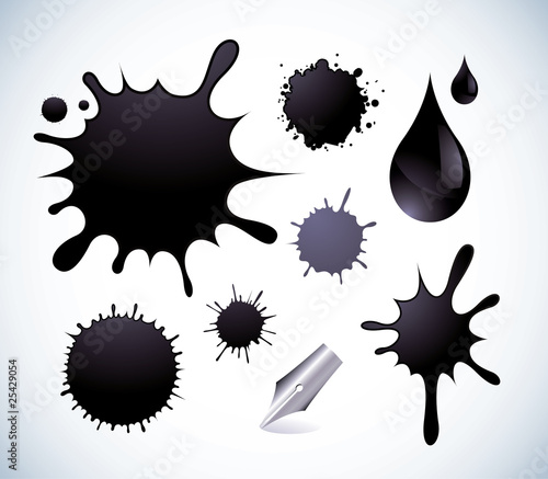 Set of ink spots, drops and a fountain pen nib